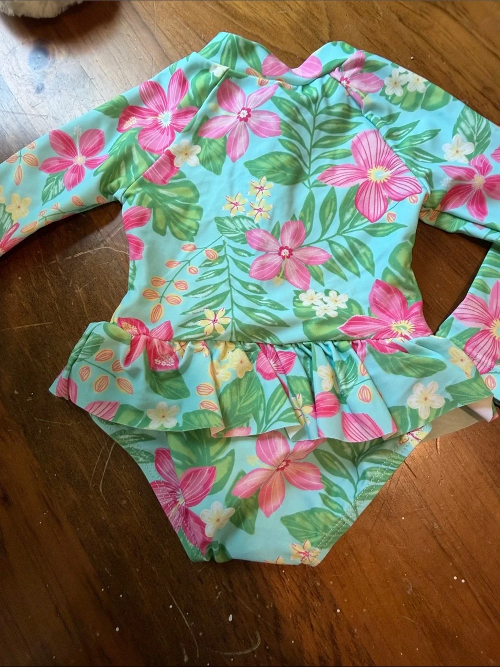 Little Me Girls' Aqua Floral Long Sleeve One-Piece Swimsuit 12 month